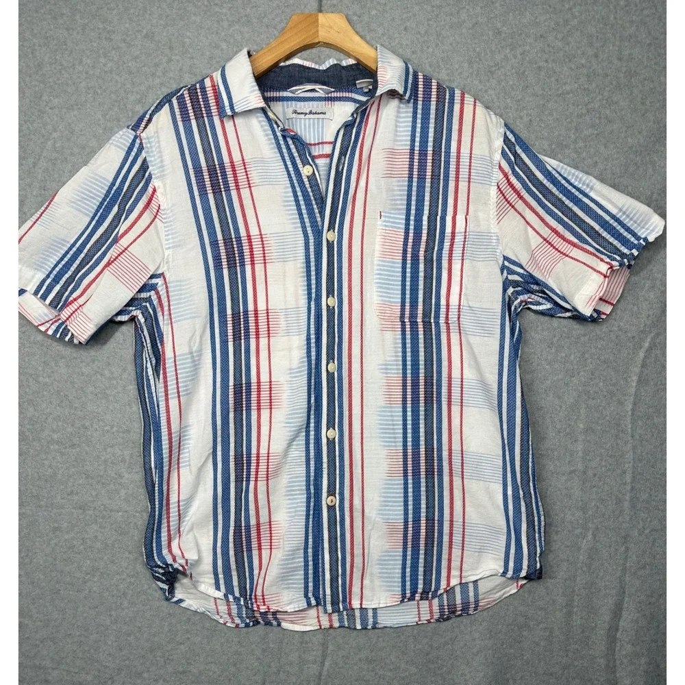 Tommy‎ Bahama Mens Short Sleeve Button Up Shirt Multi Color Stripe Plaid Size M